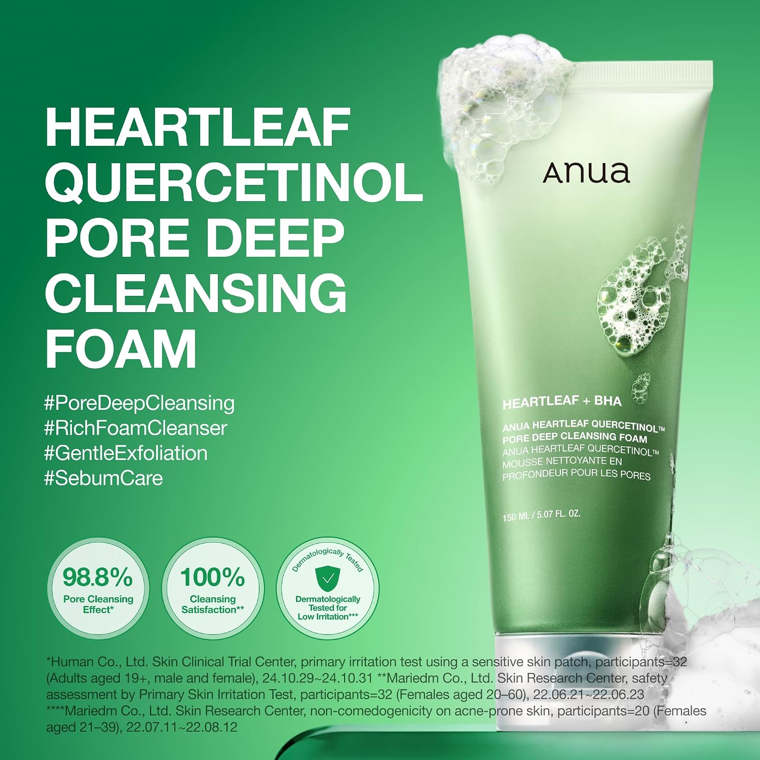 Anua Heartleaf Quercetinol Pore Deep Cleansing Foam, Facial Cleanser, for Double Cleansing, BHA, Hyaluronic Acid, Glycerin, Face Wash, Blackhead Remover, Korean Skincare, 5.07 fl.oz